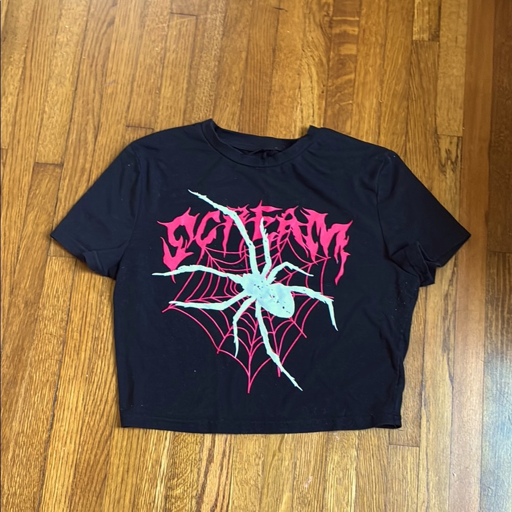 SHEIN Black Crop Top with Pink Spider Design